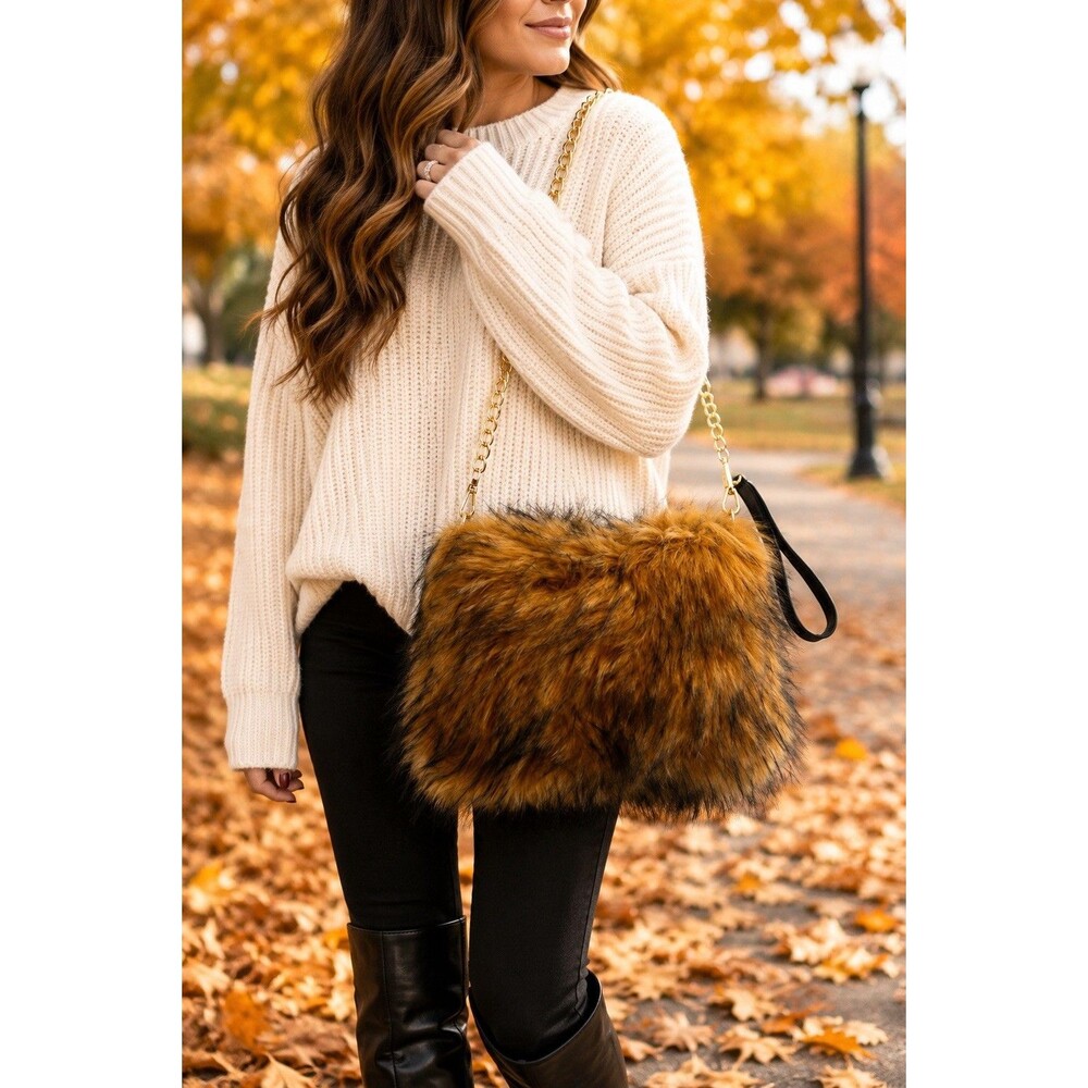 Faux Fur Shoulder Crossbody Bag Brown Gold Chain Cozy Winter Plush Handbag Purse